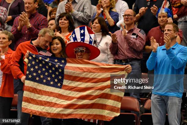 Fans cheer during Venus Williams of Team USA and Arantxa Rus of the Netherlands match in the first round of the 2018 Fed Cup at US Cellular Center on...