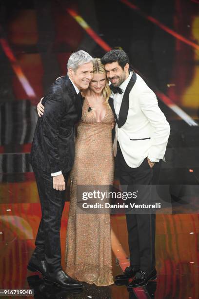 Claudio Baglioni, Michelle Hunziker and Pierfrancesco Favino attend the closing night of the 68. Sanremo Music Festival on February 10, 2018 in...