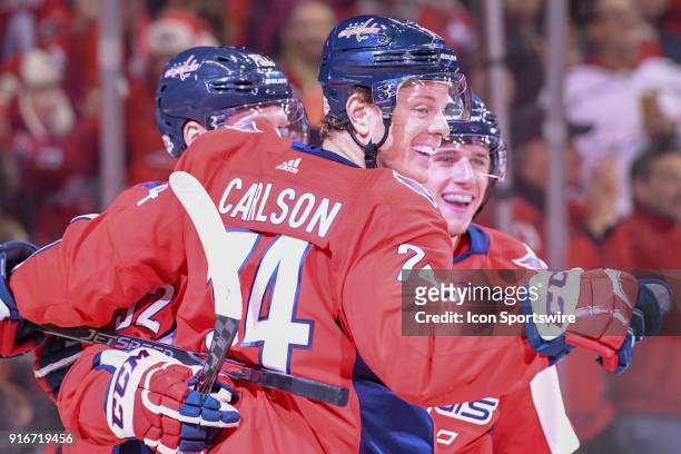 Washington Capitals defenseman John Carlson is congratulated after his first period goal against the Columbus Blue Jackets on February 9 at the...