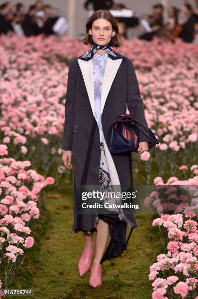 Model walks the runway at the Tory Burch Autumn Winter 2018 fashion show during New York Fashion Week on February 9, 2018 in New York, United States.