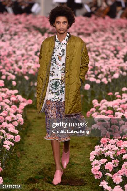 Model walks the runway at the Tory Burch Autumn Winter 2018 fashion show during New York Fashion Week on February 9, 2018 in New York, United States.