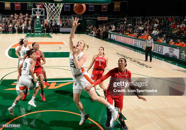 Miami forward/center Emese Hof shoots during a women's college basketball game between the NC State University Wolfpack and the University of Miami...