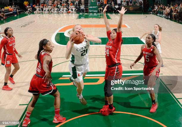 Miami forward/center Emese Hof shoots during a women's college basketball game between the NC State University Wolfpack and the University of Miami...