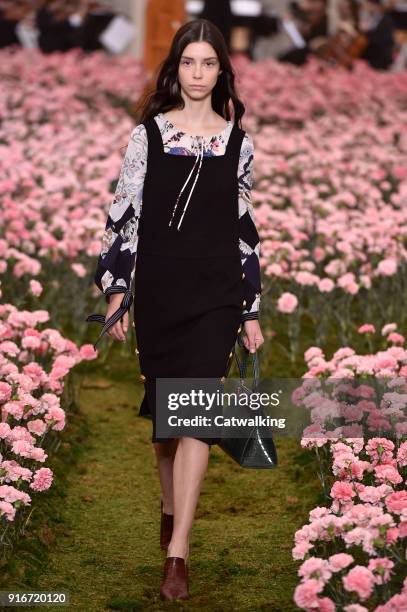 Model walks the runway at the Tory Burch Autumn Winter 2018 fashion show during New York Fashion Week on February 9, 2018 in New York, United States.