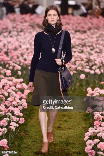 Model walks the runway at the Tory Burch Autumn Winter 2018 fashion show during New York Fashion Week on February 9, 2018 in New York, United States.