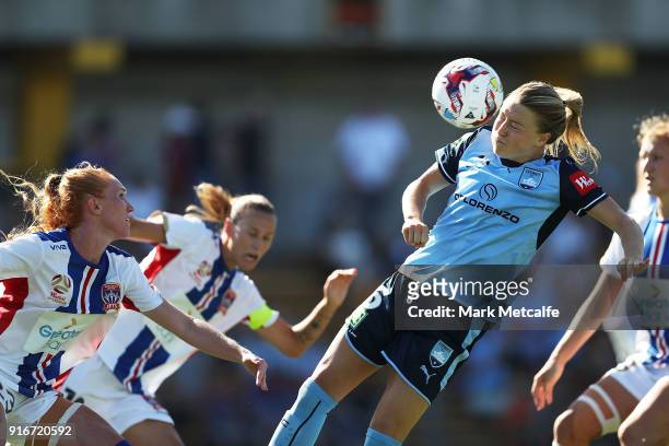 Emily Sonnett of Sydney FC heads the ball during the W-League semi final match between Sydney FC and the Newcastle Jets at Leichhardt Oval on...
