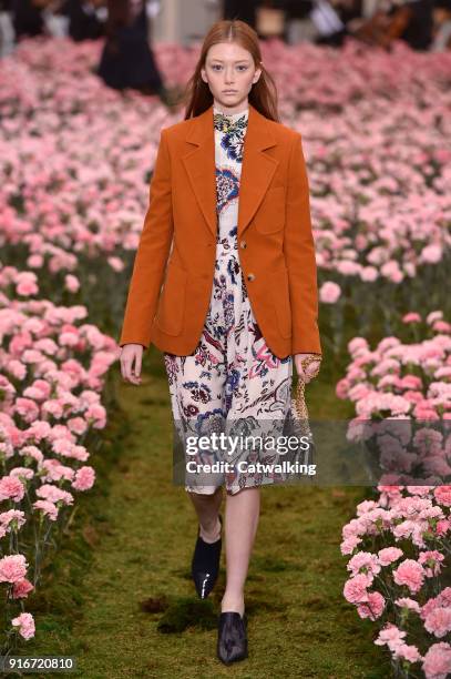 Model walks the runway at the Tory Burch Autumn Winter 2018 fashion show during New York Fashion Week on February 9, 2018 in New York, United States.