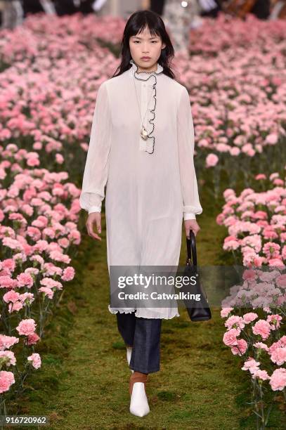 Model walks the runway at the Tory Burch Autumn Winter 2018 fashion show during New York Fashion Week on February 9, 2018 in New York, United States.