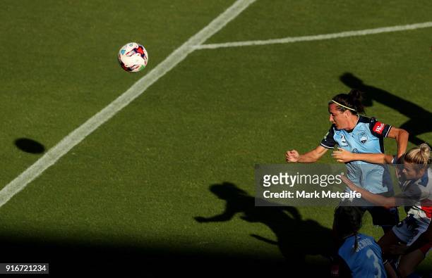 Lisa De Vanna of Sydney FC wins a header during the W-League semi final match between Sydney FC and the Newcastle Jets at Leichhardt Oval on February...
