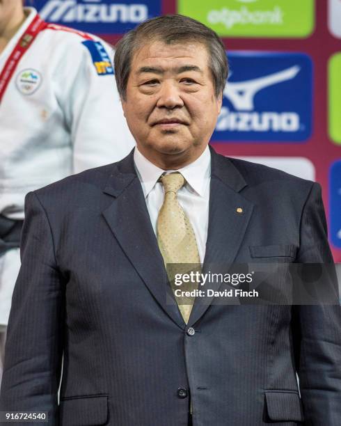 Former Olympic and World champion and President of the Kodokan, Haruki Uemura of Japan presented the u63kg medals during the 2018 Paris Grand Slam at...