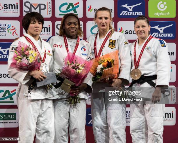 Under 63kg medallists L-R: Silver; Miku Tashiro , Gold; Clarisse Agbegnenou , Bronzes; Martyna Trajdos and Tina Trstenjak during the 2018 Paris Grand...