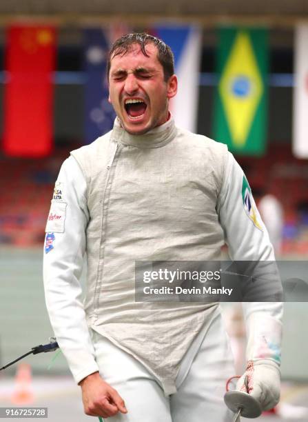 Guilherme Toldo of Brazil reacts after defeating Miles Chamley-Watson of the USA during finals competition at the Lowe von Bonn Men's Foil World Cup...