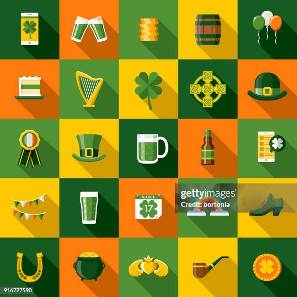 stockillustraties, clipart, cartoons en iconen met vlakke design st. patrick's day pictogrammenset met kant schaduw - horseshoe