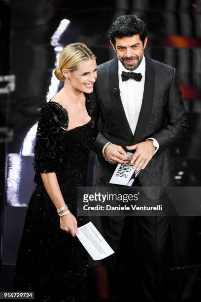 Michelle Hunziker and Pierfrancesco Favino attend the closing night of the 68. Sanremo Music Festival on February 10, 2018 in Sanremo, Italy.