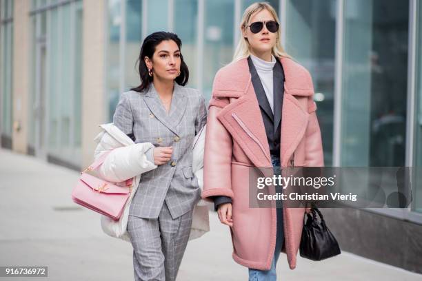 Linda Tol wearing pink coat seen outside Self-Portrait on February 10, 2018 in New York City.