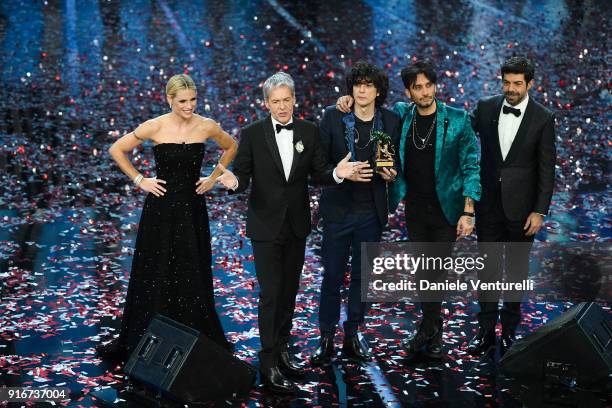 Claudio Baglioni, Michelle Hunziker, Ermal Meta, Fabrizio Moro and Pierfrancesco Favino attend the closing night of the 68. Sanremo Music Festival on...