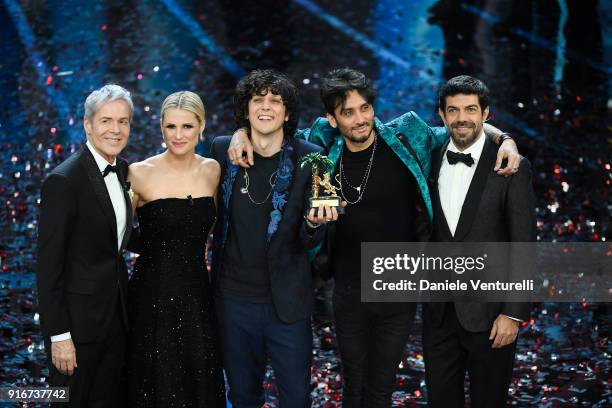 Claudio Baglioni, Michelle Hunziker, Ermal Meta, Fabrizio Moro and Pierfrancesco Favino attend the closing night of the 68. Sanremo Music Festival on...