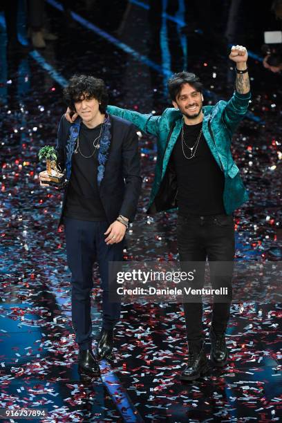 Ermal Meta and Fabrizio Moro, winners of the 68th Italian Music Festival in Sanremo, pose with the award at the Ariston theatre duringthe closing...