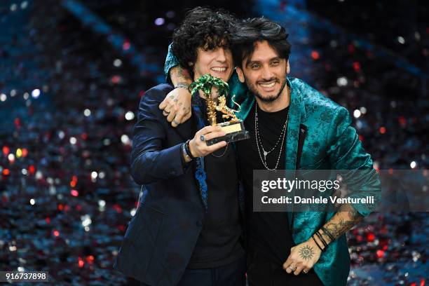 Ermal Meta and Fabrizio Moro, winners of the 68th Italian Music Festival in Sanremo, pose with the award at the Ariston theatre duringthe closing...