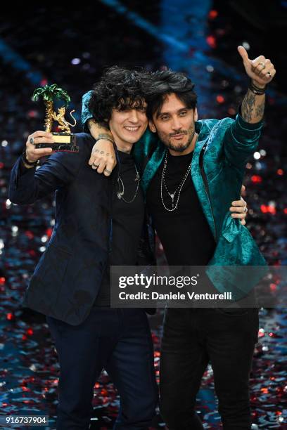 Ermal Meta and Fabrizio Moro, winners of the 68th Italian Music Festival in Sanremo, pose with the award at the Ariston theatre duringthe closing...