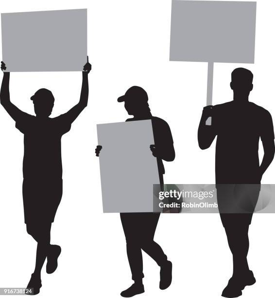 stockillustraties, clipart, cartoons en iconen met drie mensen protesteren silhouetten - demonstrant