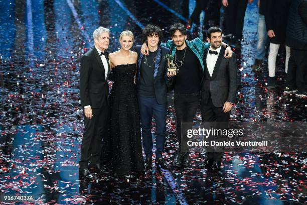 Claudio Baglioni, Michelle Hunziker, Ermal Meta, Fabrizio Moro and Pierfrancesco Favino attend the closing night of the 68. Sanremo Music Festival on...