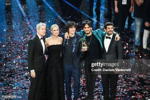 Claudio Baglioni, Michelle Hunziker, Ermal Meta, Fabrizio Moro and Pierfrancesco Favino attend the closing night of the 68. Sanremo Music Festival on...