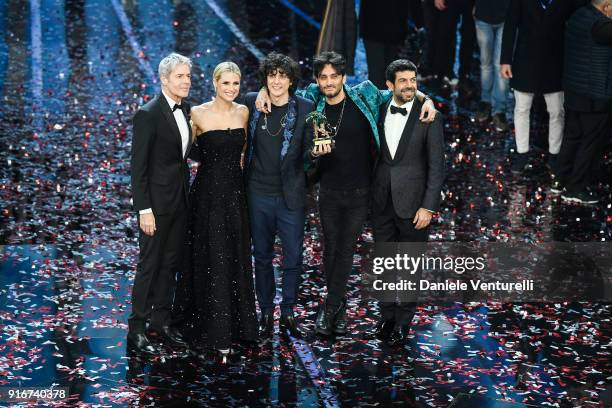 Claudio Baglioni, Michelle Hunziker, Ermal Meta, Fabrizio Moro and Pierfrancesco Favino attend the closing night of the 68. Sanremo Music Festival on...