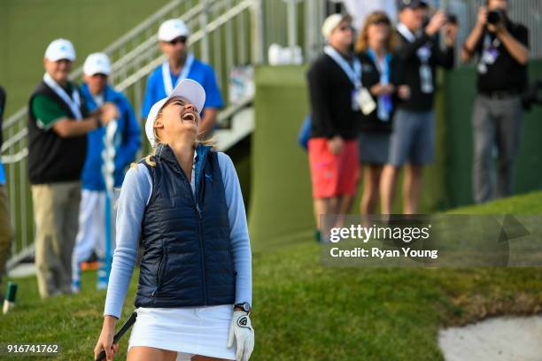 Kelly Rohrbach reacts to her shot during the third round of the AT&T Pebble Beach Pro-Am at Pebble Beach Golf Links, on February 10, 2018 in Pebble...