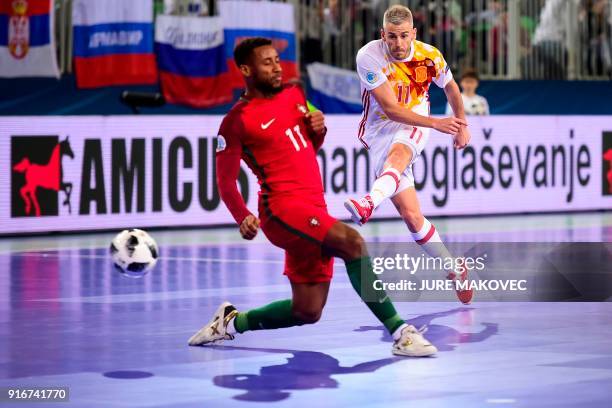 Spains Miguelin shoots the ball during the European Futsal Championship final match between Portugal and Spain at Arena Stozice in Ljubljana,...