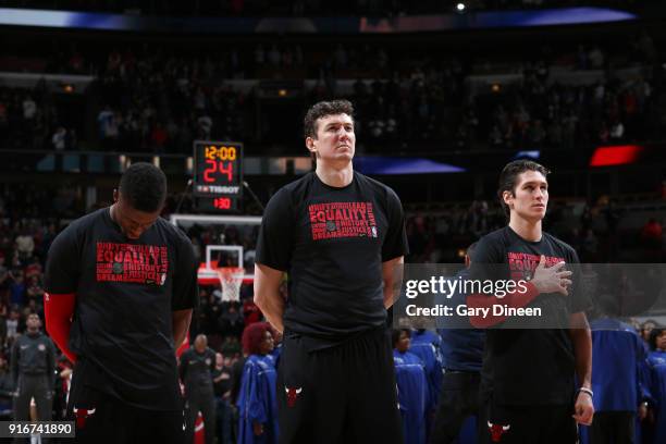 Omer Asik of the Chicago Bulls stands for the National Anthem before the game against the Washington Wizards on February 10, 2018 at the United...