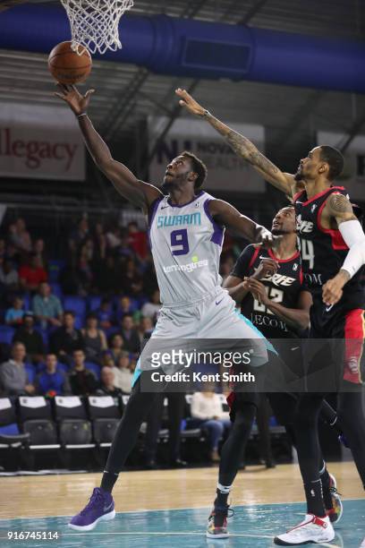 Mangok Mathiang of the Greensboro Swarm goes to the basket against the Erie BayHawks on February 10, 2018 in Greensboro, North Carolina. NOTE TO...