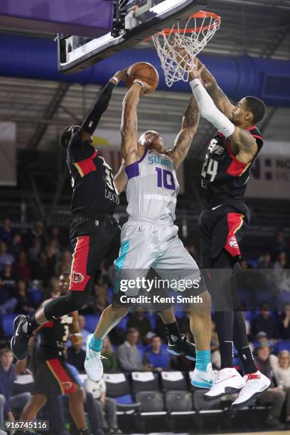 Williams of the Greensboro Swarm goes to the basket against the Erie BayHawks on February 10, 2018 in Greensboro, North Carolina. NOTE TO USER: User...