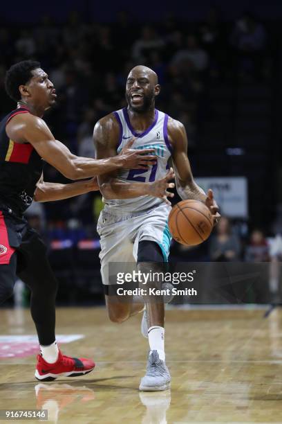 Damien Wilkins of the Greensboro Swarm handles the ball against the Erie BayHawks on February 10, 2018 in Greensboro, North Carolina. NOTE TO USER:...