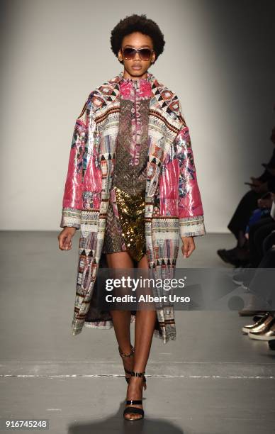 Model walks the runway at the Custo Barcelona show during New York Fashion Week: The Shows at Pier 59 on February 10, 2018 in New York City.