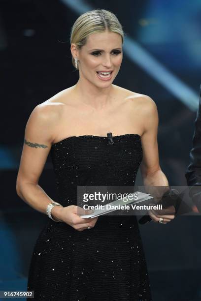 Michelle Hunziker attends the closing night of the 68. Sanremo Music Festival on February 10, 2018 in Sanremo, Italy.