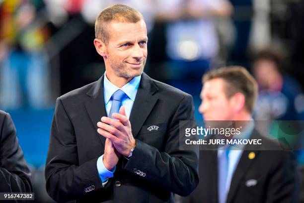 President of UEFA Aleksander Ceferin smiles prior to the prize giving ceremony during the European Futsal Championship at Arena Stozice in Ljubljana,...