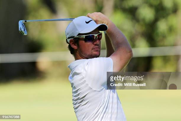 Sam Horsfield of England hits his second shot on the 2nd hole during day four of the World Super 6 at Lake Karrinyup Country Club on February 11,...