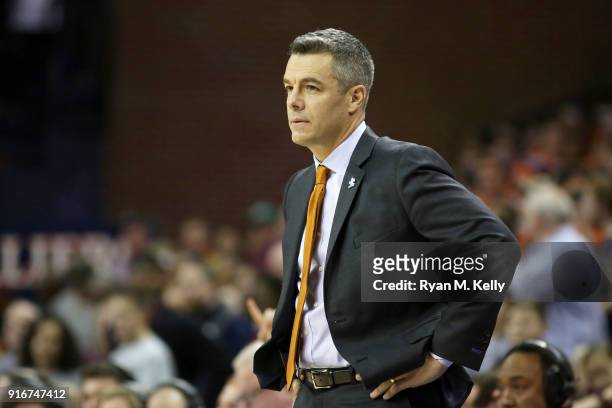 February 10: Head coach Tony Bennett of the Virginia Cavaliers watches a play in overtime during a game against the Virginia Tech Hokies at John Paul...