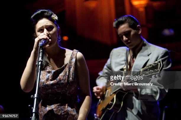 Kitty Durham and Lewis Durham of Kitty Daisy And Lewis perform on stage at the Royal Albert Hall on October 9, 2009 in London, England.