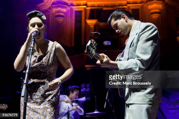 Kitty Durham, Daisy Durham and Lewis Durham of Kitty Daisy And Lewis perform on stage at the Royal Albert Hall on October 9, 2009 in London, England.