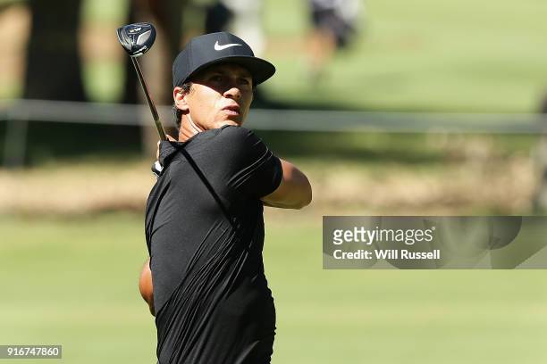 Thorbjorn Olesen of Denmark hits his second shot on the 2nd hole during day four of the World Super 6 at Lake Karrinyup Country Club on February 11,...