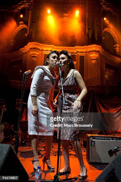 Daisy Durham and Kitty Durham of Kitty Daisy And Lewis perform on stage at the Royal Albert Hall on October 9, 2009 in London, England.