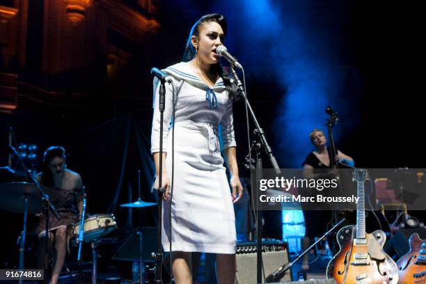 Kitty Durham, Daisy Durham and Ingrid Weiss of Kitty Daisy And Lewis perform on stage at the Royal Albert Hall on October 9, 2009 in London, England.