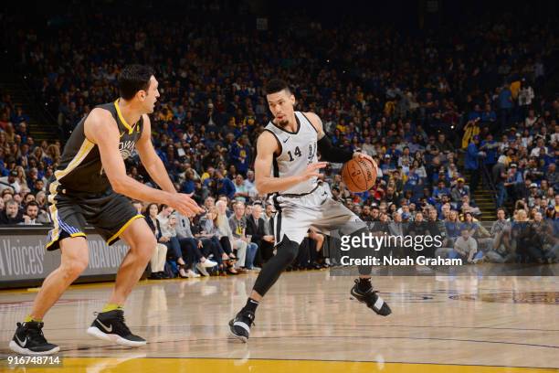 Danny Green of the San Antonio Spurs handles the ball against the Golden State Warriors on February 10, 2018 at ORACLE Arena in Oakland, California....