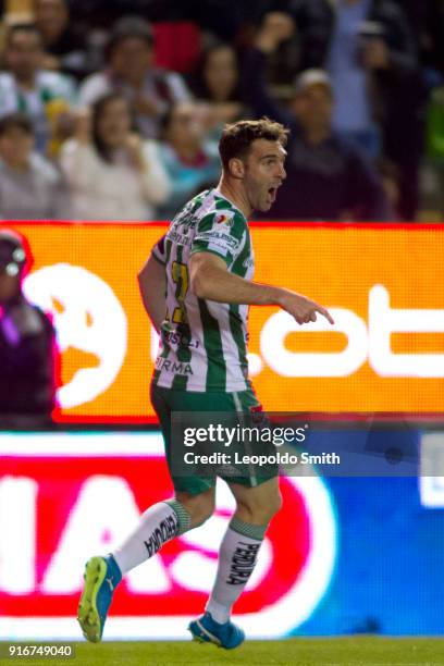 Mauro Beselli of Leon celebrates after scoring the first goal of his team during the 6th round match between Leon and Puebla as part of the Torneo...