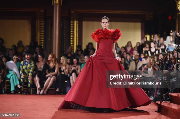 Model walks the runway at the Christian Siriano fashion show during New York Fashion Week at Grand Lodge on February 10, 2018 in New York City.