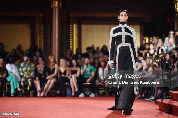 Model walks the runway at the Christian Siriano fashion show during New York Fashion Week at Grand Lodge on February 10, 2018 in New York City.