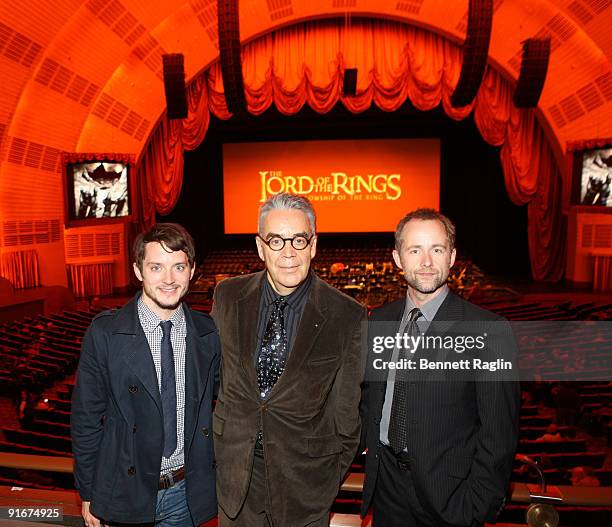 Actor Elijah Wood, composer Howard Shore and actor Billy Boyd attend "The Lord Of The Rings: The Fellowship Of The Ring" concert at Radio City Music...
