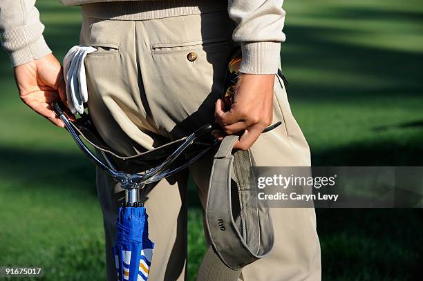 Detail of Ryo Ishikawa's golf glove & visor during the second round four-ball matches for The Presidents Cup at Harding Park Golf Club on October 9,...